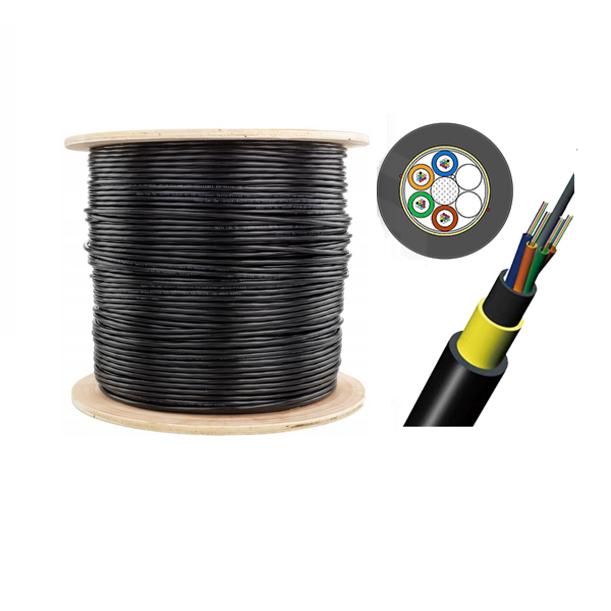 Cable de Fibra óptica ADSS, 24 hilos FO, G652D, MDPE chaqueta negra, con protección UV y protección antifúngica, spam 120 metros. 4km/tambor